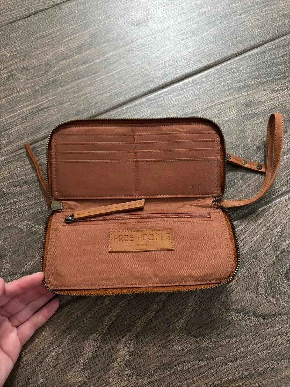 Free People / Cognac Brown Distressed Vegan Wallet Wristlet Clutch